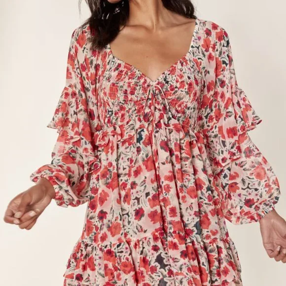 MISA Los Angeles Asra Red Floral Puff Sleeve Dress | US S - Picture 3 of 12